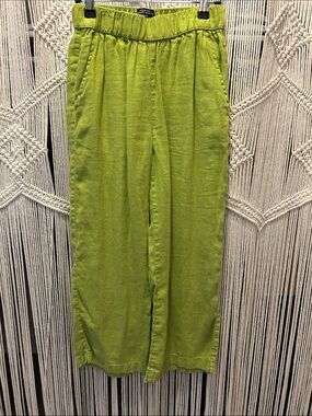 Green Wide-Leg Linen Cropped Pants